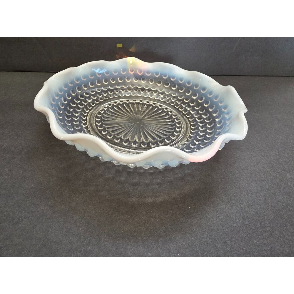 Vintage Anchor Hocking Opalescent Hobnail Glass Bowl With Scalloped Edge